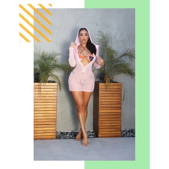 Women's Casual Deep V-Neck Hooded Mesh Cover-Up Long Sleeve Mini Dress S, M, L - Picture 4 of 12